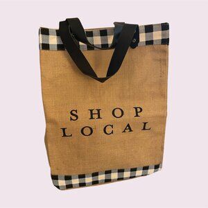 Shop Local Happiness Jute Market Tote Bag Black Leather Handles Plaid Burlap